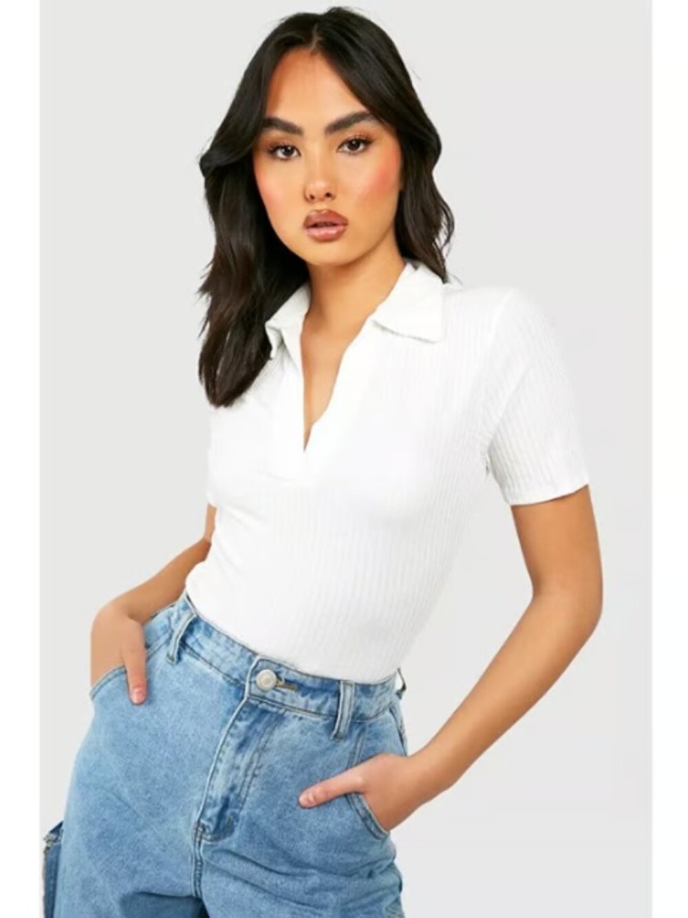 FOREVER 21 Women's Size Small White Collared Ribbed Short Sleeve Polo Knit Top S